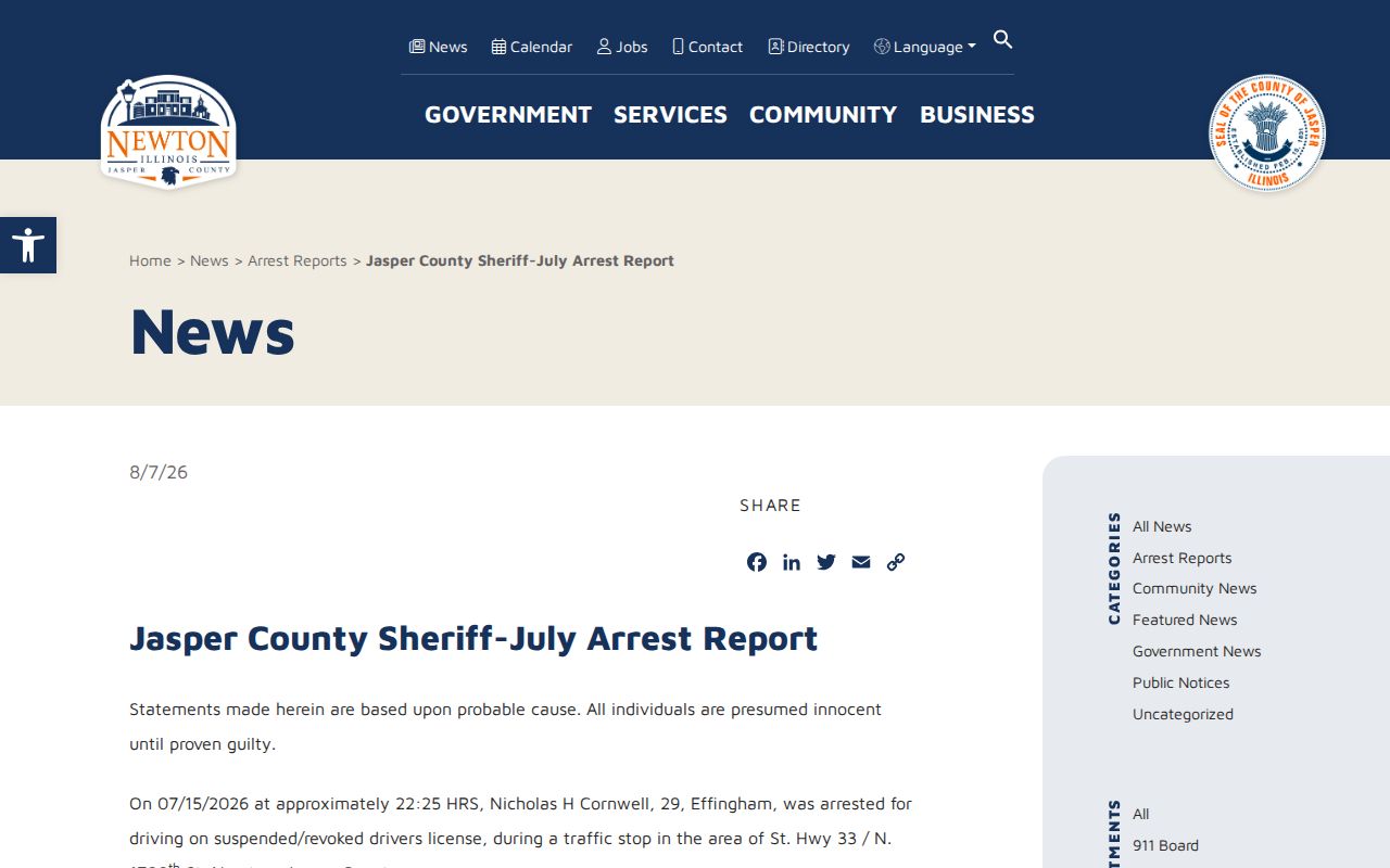 Official Jasper County Sheriff July arrest report