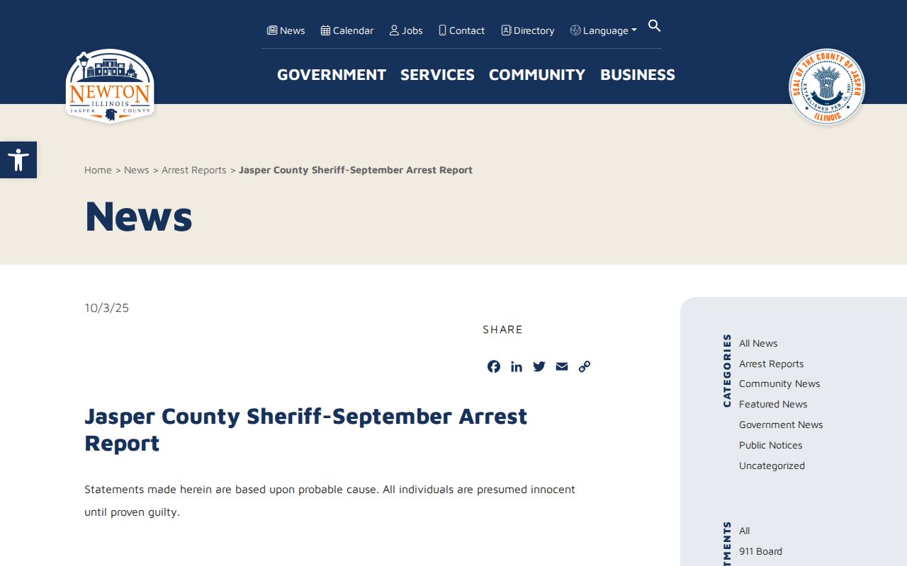 Jasper County Sheriff September arrest report with local place references
