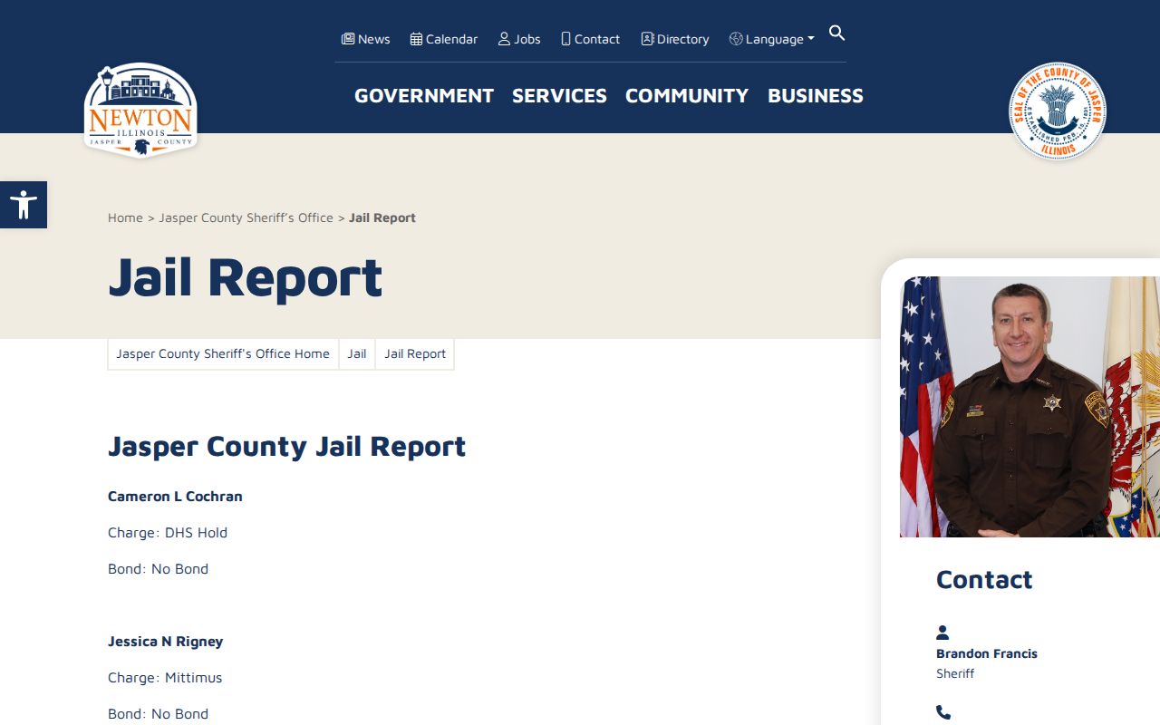 Official Jasper County Jail Report showing name charge and bond fields