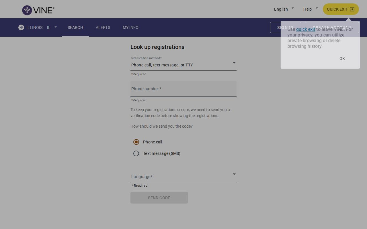 VINELink registration screen for Jasper County custody alerts